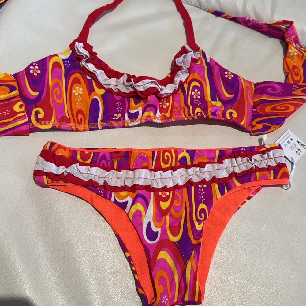 Women small colorful neon orange purple red white bikini top and bottom ruffles